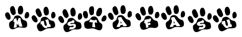 The image shows a row of animal paw prints, each containing a letter. The letters spell out the word Mustafasu within the paw prints.
