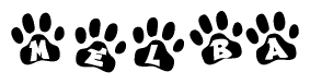 The image shows a series of animal paw prints arranged horizontally. Within each paw print, there's a letter; together they spell Melba