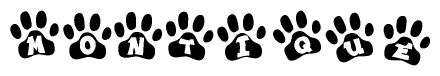 The image shows a series of animal paw prints arranged in a horizontal line. Each paw print contains a letter, and together they spell out the word Montique.
