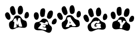 The image shows a row of animal paw prints, each containing a letter. The letters spell out the word Meagy within the paw prints.