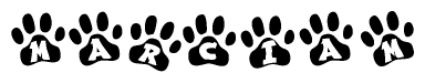 The image shows a series of animal paw prints arranged horizontally. Within each paw print, there's a letter; together they spell Marciam