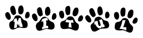 The image shows a row of animal paw prints, each containing a letter. The letters spell out the word Mitul within the paw prints.