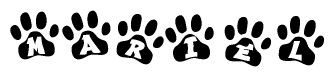 The image shows a row of animal paw prints, each containing a letter. The letters spell out the word Mariel within the paw prints.