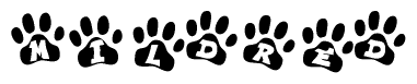 The image shows a series of animal paw prints arranged horizontally. Within each paw print, there's a letter; together they spell Mildred