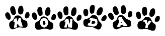 The image shows a row of animal paw prints, each containing a letter. The letters spell out the word Monday within the paw prints.