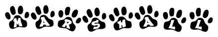 The image shows a series of animal paw prints arranged in a horizontal line. Each paw print contains a letter, and together they spell out the word Marshall.