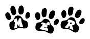 The image shows a row of animal paw prints, each containing a letter. The letters spell out the word Mer within the paw prints.
