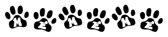 The image shows a series of animal paw prints arranged in a horizontal line. Each paw print contains a letter, and together they spell out the word Mememe.
