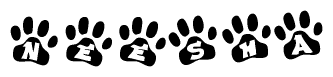 The image shows a series of animal paw prints arranged horizontally. Within each paw print, there's a letter; together they spell Neesha