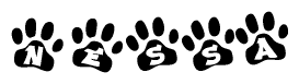 The image shows a row of animal paw prints, each containing a letter. The letters spell out the word Nessa within the paw prints.