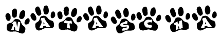 The image shows a series of animal paw prints arranged horizontally. Within each paw print, there's a letter; together they spell Natascha