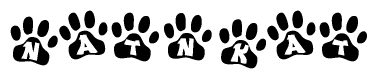 The image shows a series of animal paw prints arranged in a horizontal line. Each paw print contains a letter, and together they spell out the word Natnkat.