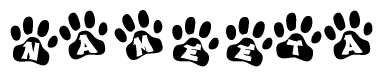 The image shows a series of animal paw prints arranged horizontally. Within each paw print, there's a letter; together they spell Nameeta