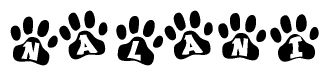 The image shows a series of animal paw prints arranged horizontally. Within each paw print, there's a letter; together they spell Nalani