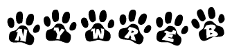 The image shows a series of animal paw prints arranged in a horizontal line. Each paw print contains a letter, and together they spell out the word Nywreb.