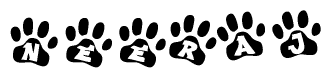 The image shows a series of animal paw prints arranged in a horizontal line. Each paw print contains a letter, and together they spell out the word Neeraj.