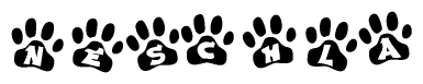 The image shows a series of animal paw prints arranged in a horizontal line. Each paw print contains a letter, and together they spell out the word Neschla.