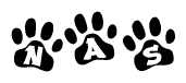 The image shows a series of animal paw prints arranged horizontally. Within each paw print, there's a letter; together they spell Nas