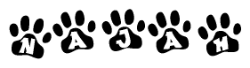 The image shows a series of animal paw prints arranged horizontally. Within each paw print, there's a letter; together they spell Najah
