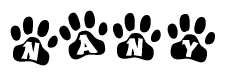 The image shows a series of animal paw prints arranged horizontally. Within each paw print, there's a letter; together they spell Nany