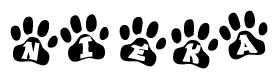 The image shows a series of animal paw prints arranged in a horizontal line. Each paw print contains a letter, and together they spell out the word Nieka.