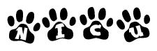The image shows a row of animal paw prints, each containing a letter. The letters spell out the word Nicu within the paw prints.