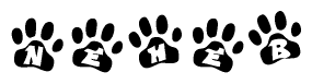 The image shows a series of animal paw prints arranged horizontally. Within each paw print, there's a letter; together they spell Neheb