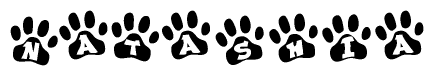 The image shows a series of animal paw prints arranged horizontally. Within each paw print, there's a letter; together they spell Natashia