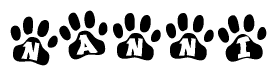 The image shows a series of animal paw prints arranged horizontally. Within each paw print, there's a letter; together they spell Nanni