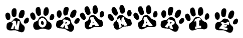 The image shows a series of animal paw prints arranged in a horizontal line. Each paw print contains a letter, and together they spell out the word Noramarie.