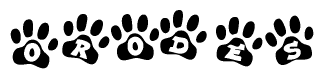 The image shows a series of animal paw prints arranged in a horizontal line. Each paw print contains a letter, and together they spell out the word Orodes.