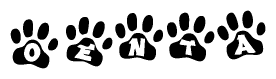 The image shows a series of animal paw prints arranged in a horizontal line. Each paw print contains a letter, and together they spell out the word Oenta.