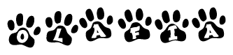 The image shows a series of animal paw prints arranged horizontally. Within each paw print, there's a letter; together they spell Olafia