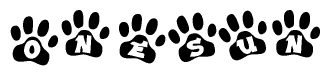 The image shows a series of animal paw prints arranged in a horizontal line. Each paw print contains a letter, and together they spell out the word Onesun.