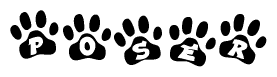 The image shows a series of animal paw prints arranged in a horizontal line. Each paw print contains a letter, and together they spell out the word Poser.