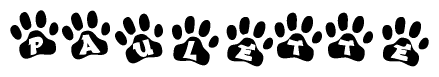 The image shows a series of animal paw prints arranged in a horizontal line. Each paw print contains a letter, and together they spell out the word Paulette.