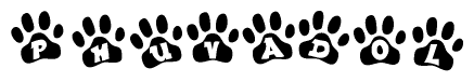 The image shows a row of animal paw prints, each containing a letter. The letters spell out the word Phuvadol within the paw prints.
