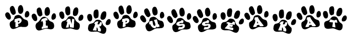 The image shows a row of animal paw prints, each containing a letter. The letters spell out the word Pinkpusseakat within the paw prints.