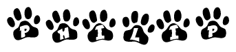 The image shows a row of animal paw prints, each containing a letter. The letters spell out the word Philip within the paw prints.