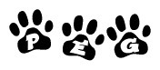 The image shows a series of animal paw prints arranged horizontally. Within each paw print, there's a letter; together they spell Peg