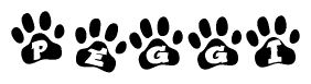 The image shows a row of animal paw prints, each containing a letter. The letters spell out the word Peggi within the paw prints.