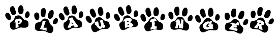 The image shows a row of animal paw prints, each containing a letter. The letters spell out the word Plaubinger within the paw prints.