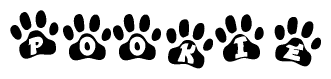The image shows a series of animal paw prints arranged horizontally. Within each paw print, there's a letter; together they spell Pookie