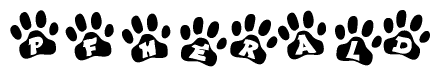 The image shows a series of animal paw prints arranged in a horizontal line. Each paw print contains a letter, and together they spell out the word Pfherald.