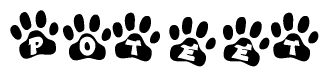 The image shows a row of animal paw prints, each containing a letter. The letters spell out the word Poteet within the paw prints.