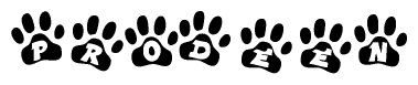 The image shows a series of animal paw prints arranged horizontally. Within each paw print, there's a letter; together they spell Prodeen