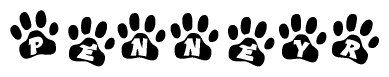   The image shows a row of animal paw prints, each containing a letter. The letters spell out the word Penneyr within the paw prints. 