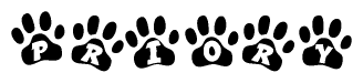 The image shows a series of animal paw prints arranged in a horizontal line. Each paw print contains a letter, and together they spell out the word Priory.