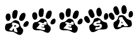 The image shows a series of animal paw prints arranged horizontally. Within each paw print, there's a letter; together they spell Reesa