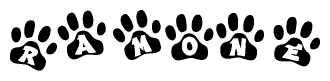 The image shows a row of animal paw prints, each containing a letter. The letters spell out the word Ramone within the paw prints.